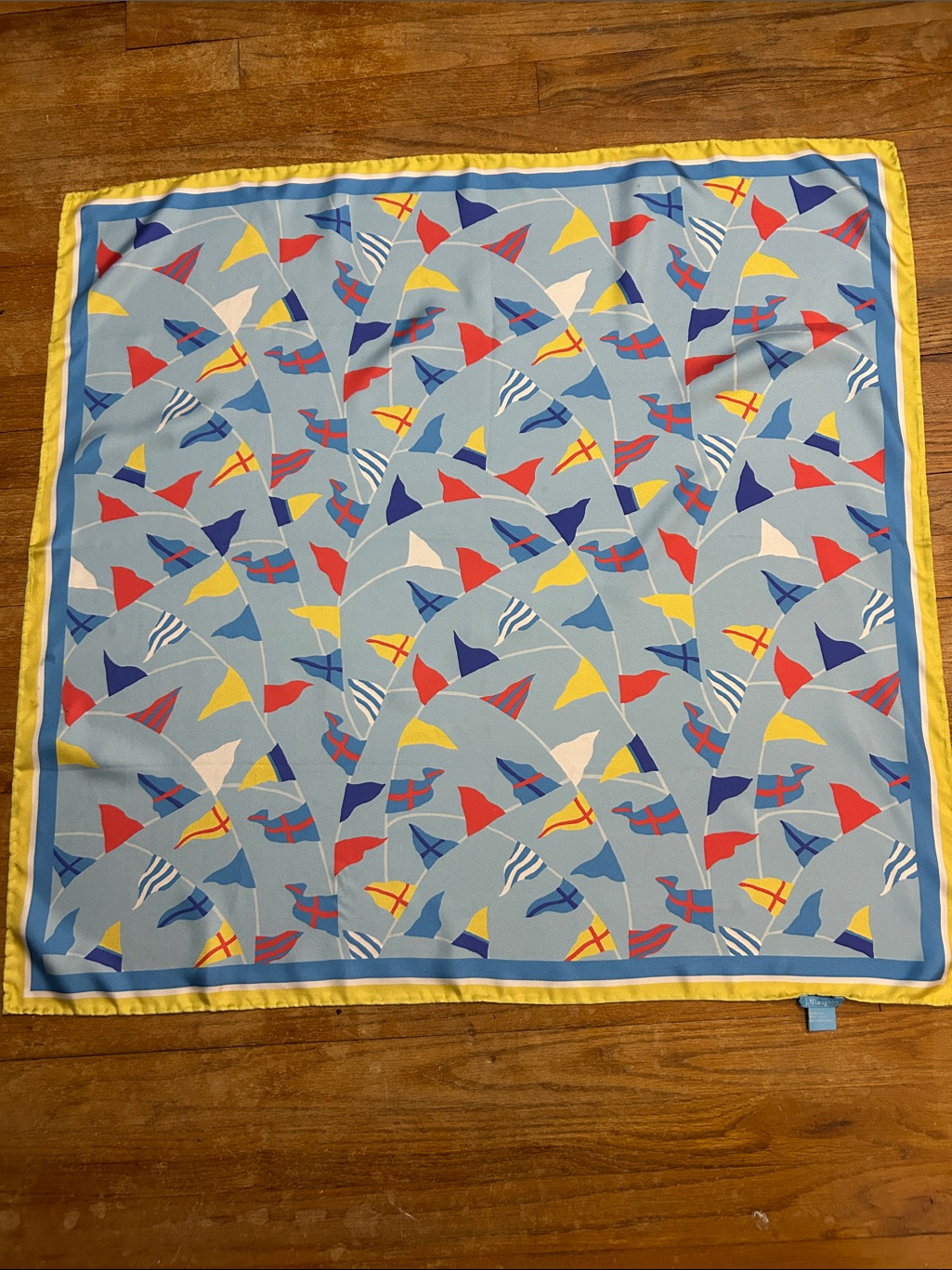 J Mclaughlin Light Blue Nautical Flag Print Scarf With Yellow Trim 100 Silk